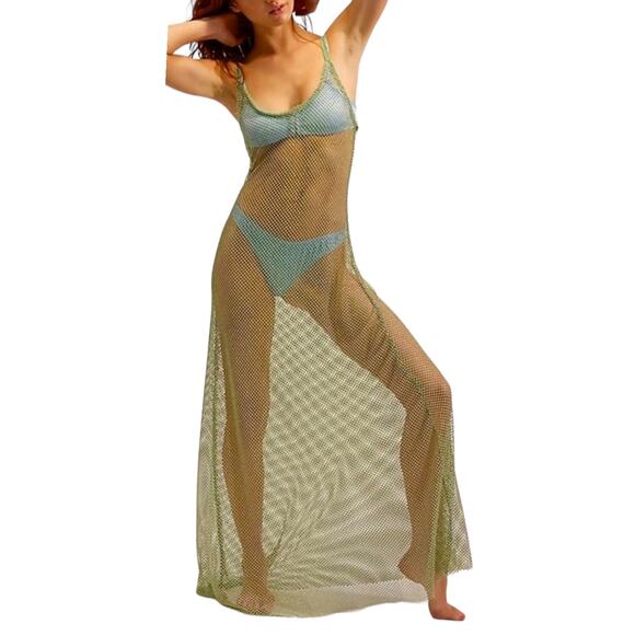 New Free People Sheer Open Weave Slip‎ Maxi Dress Green Rhinestone Boho Beach - Picture 1 of 16